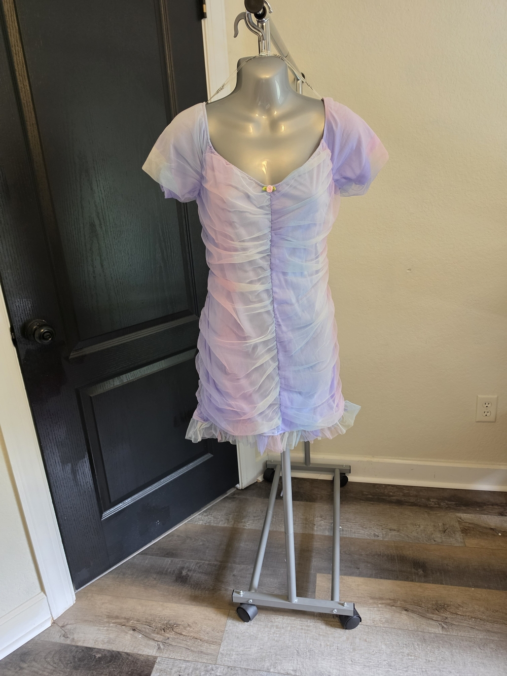 Dolls Kill Pastel Tie-Dye Mesh Ruched Mini Dress - Lavender Pink Blue